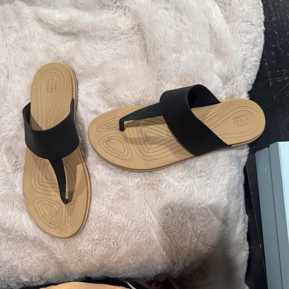 Crocs Tulum Flip Flop Sandal Tan Black Womens 10 Slip On Casual Comfy Beach